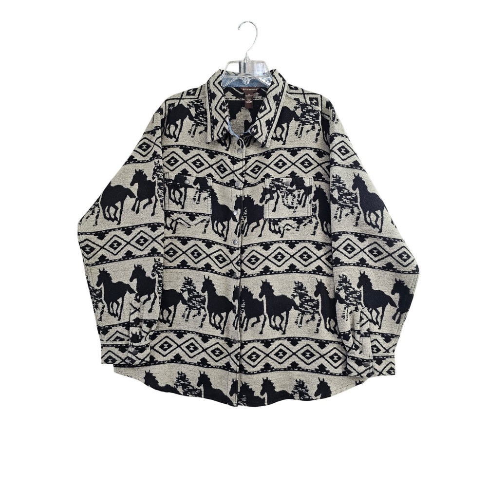 Bit & Bridle Shacket Mens XL Black Horse Aztec Tapestry Wool Blend Chore Jacket